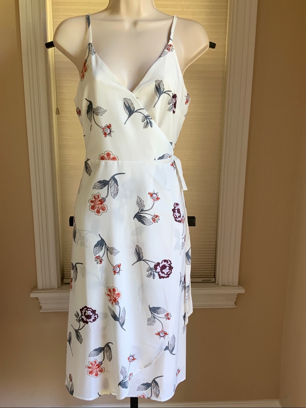 Floral Wrap Midi Dress - White with Plum & Blue Floral